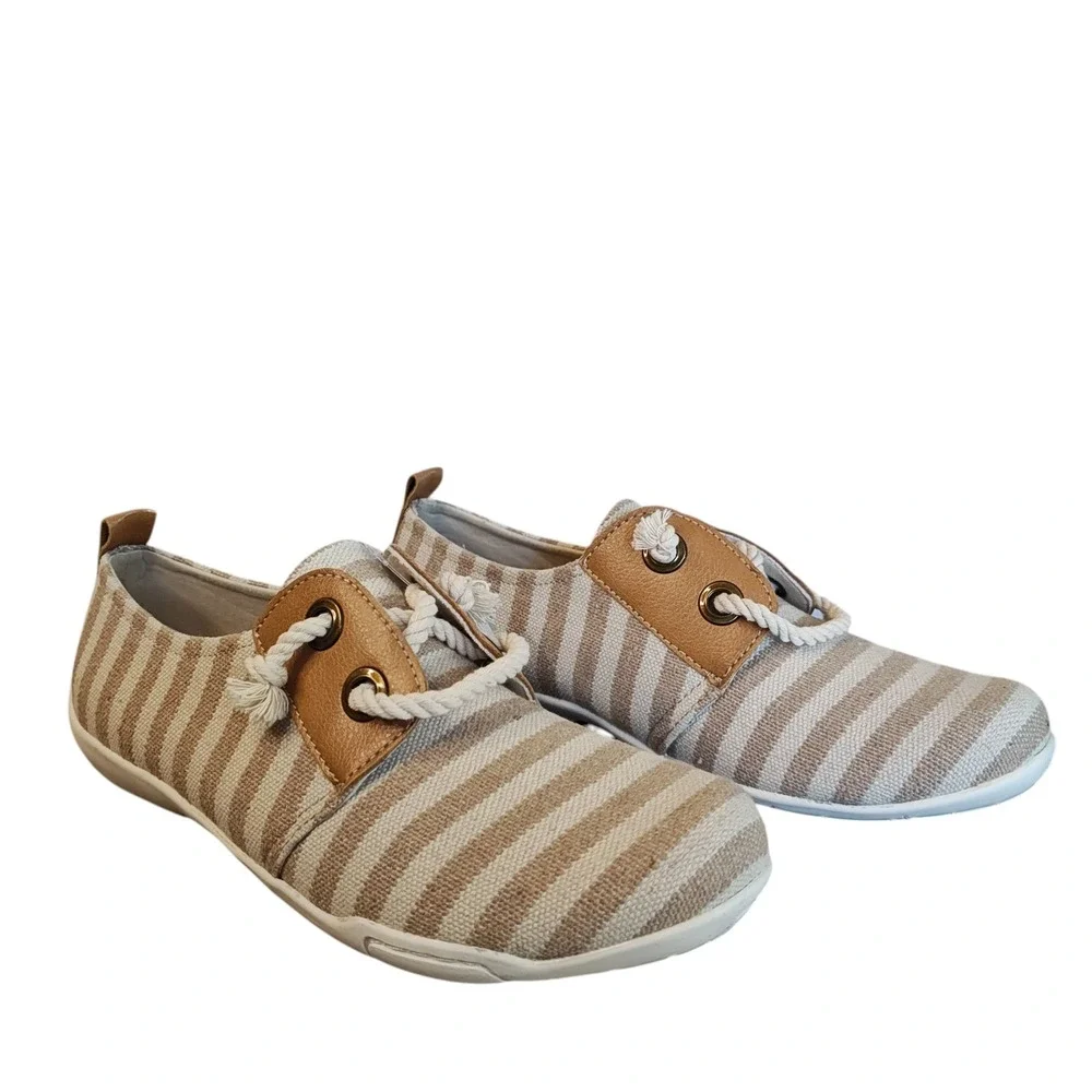 Ros Hommerson Calypso‎ Womens 8M Striped Canvas Shoe Casual Slip On Tan White